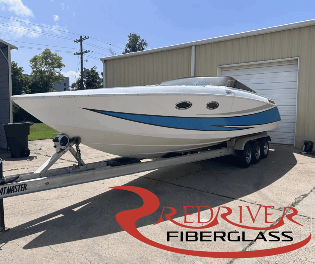 Boat getting a new transom at Red River Fiberglass in Shreveport. Affordable advertising